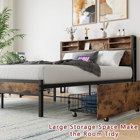 Queen Storage Bed Frame With Headboard Charging Station - Serenova - Omega Lifestyles