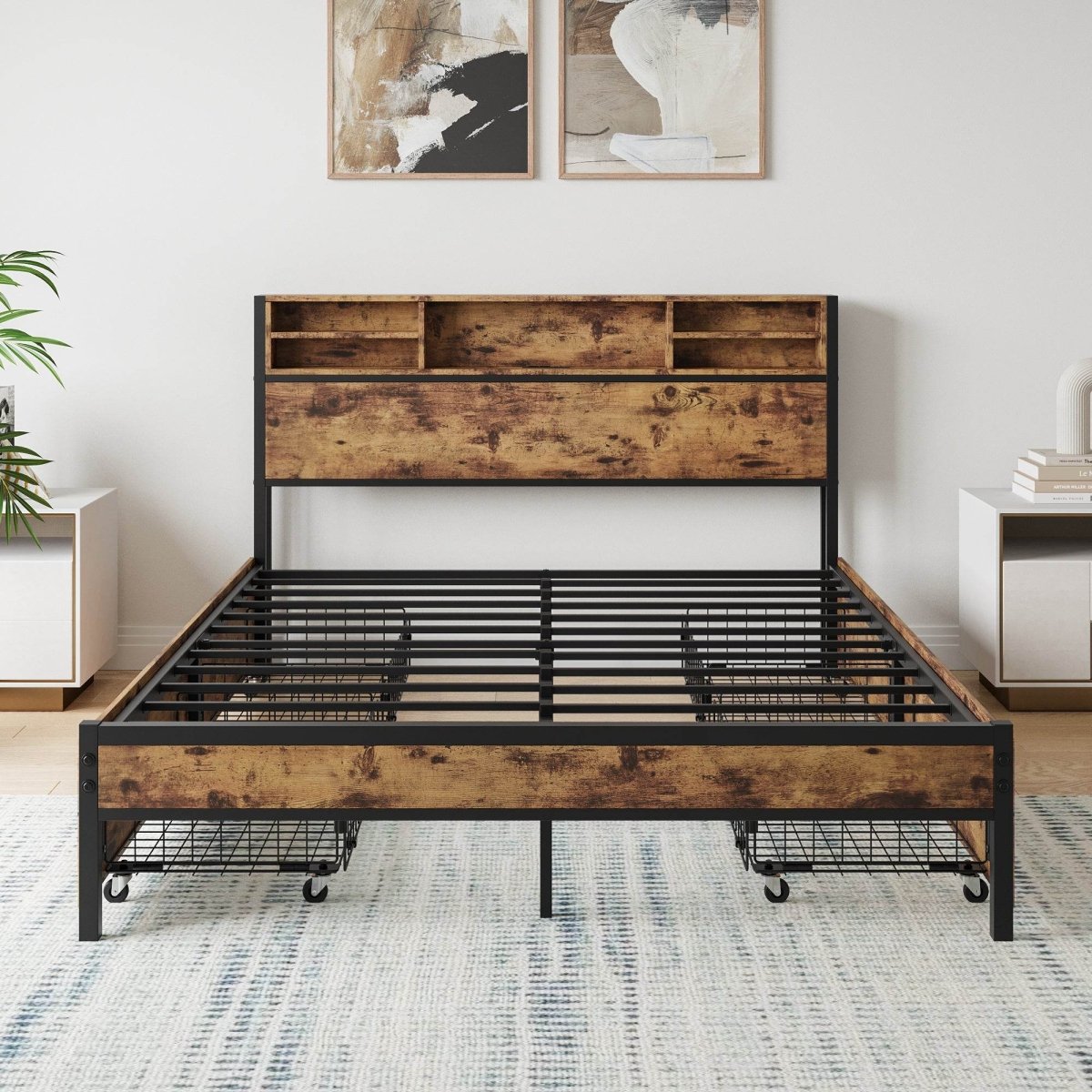 Queen Storage Bed Frame With Headboard Charging Station - Serenova - Omega Lifestyles