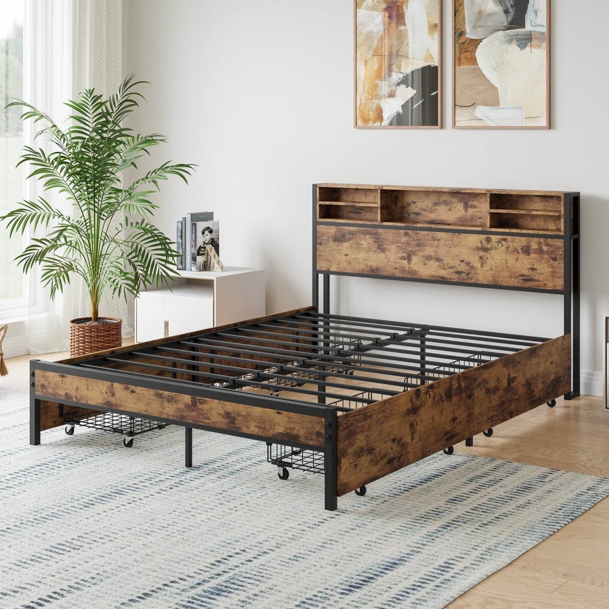 Queen Storage Bed Frame With Headboard Charging Station - Serenova - Omega Lifestyles