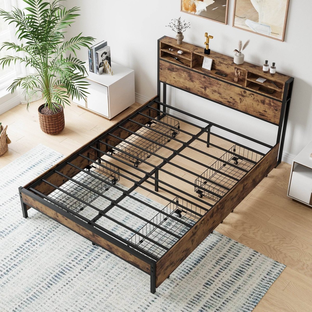 Queen Storage Bed Frame With Headboard Charging Station - Serenova - Omega Lifestyles
