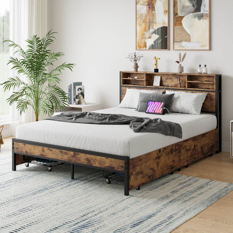 Queen Storage Bed Frame With Headboard Charging Station - Serenova - Omega Lifestyles