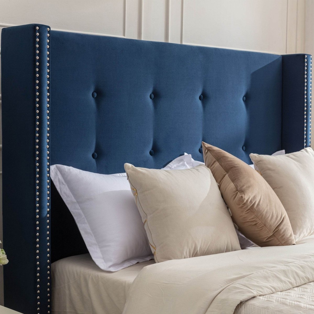 Queen Upholstered Blue Velvet Bed Frame With Tufted Headboard - Serenova - Omega Lifestyles