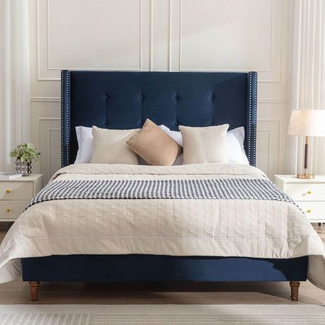 Queen Upholstered Blue Velvet Bed Frame With Tufted Headboard - Serenova - Omega Lifestyles