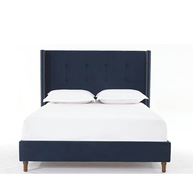 Queen Upholstered Blue Velvet Bed Frame With Tufted Headboard - Omega Lifestyles