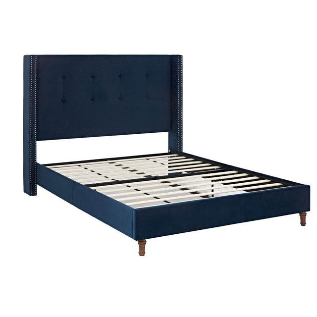 Queen Upholstered Blue Velvet Bed Frame With Tufted Headboard - Omega Lifestyles