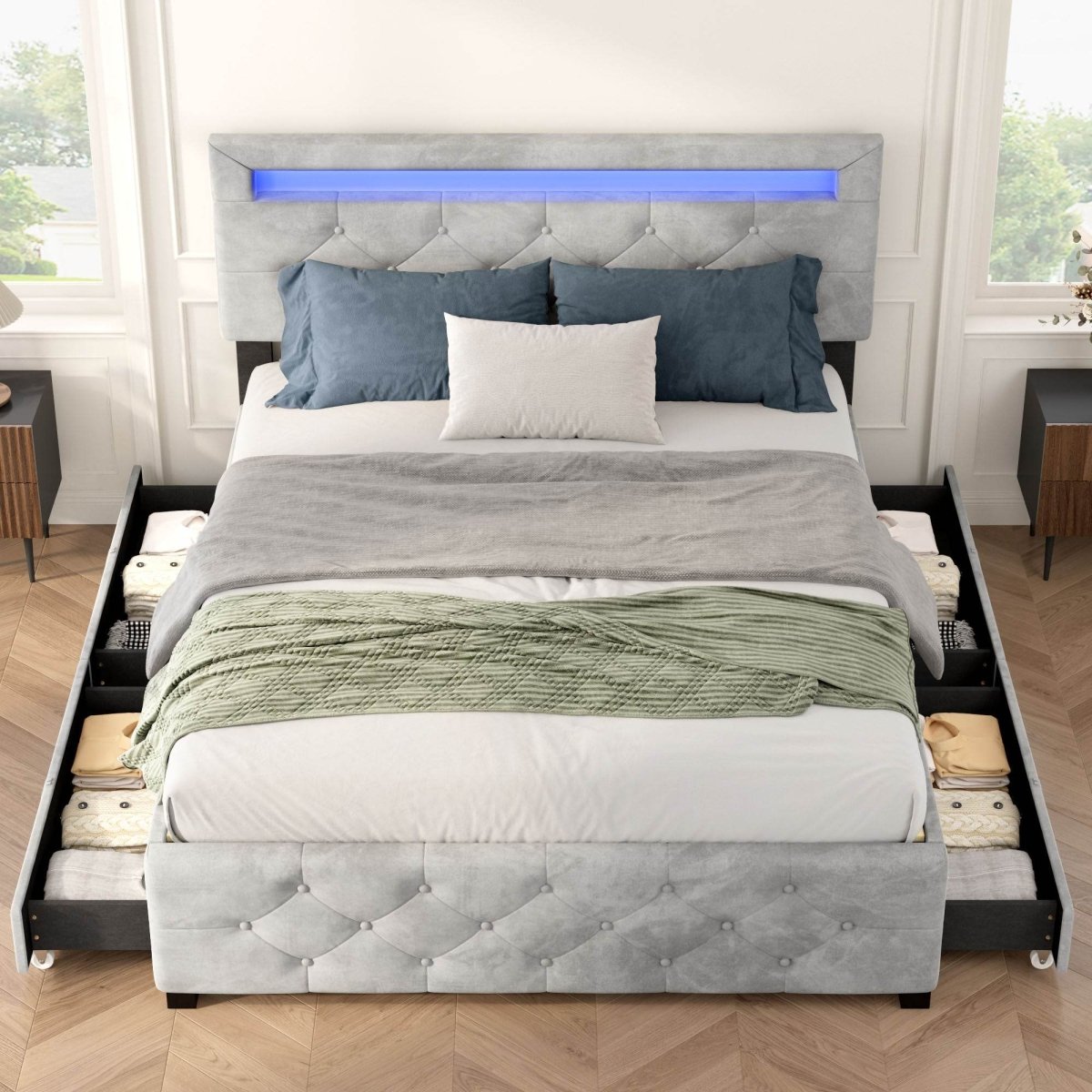 Queen Upholstered Velvet Platform Storage Bed Frame With LED - Serenova - Omega Lifestyles