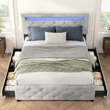 Queen Upholstered Velvet Platform Storage Bed Frame With LED - Serenova - Omega Lifestyles