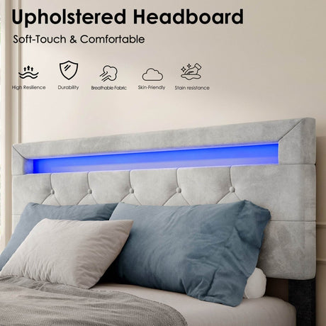 Queen Upholstered Velvet Platform Storage Bed Frame With LED - Serenova - Omega Lifestyles