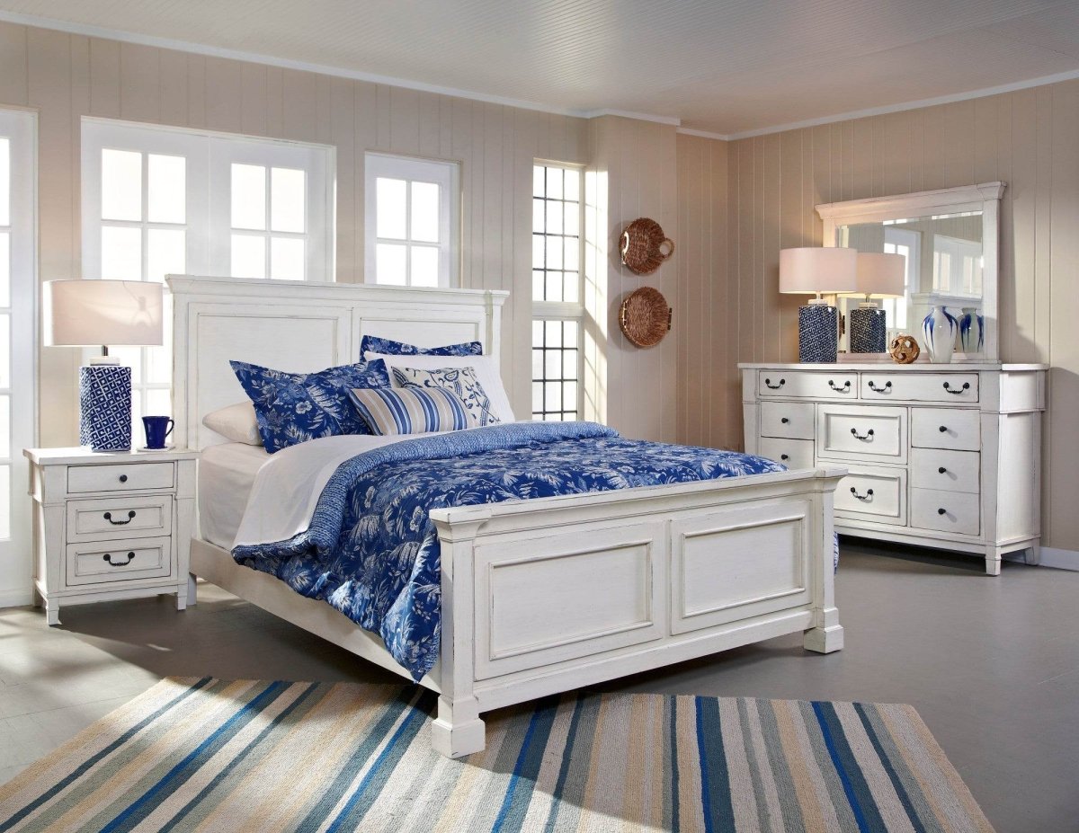 Queen White Engineered Wood Farmhouse Panel Bed - Serenova - Omega Lifestyles