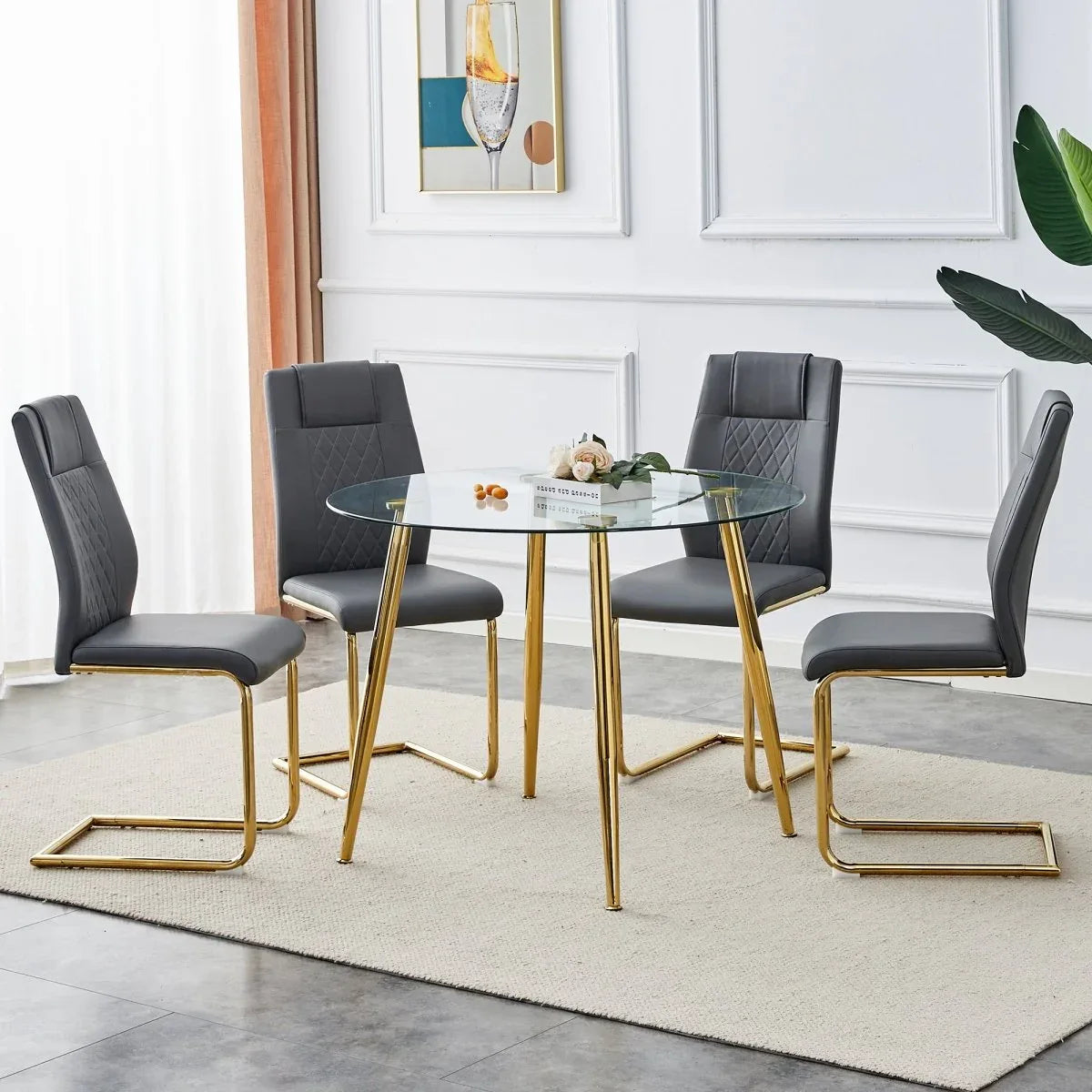 Round Glass Top Metal Dining Table With Chairs Set - Omega Lifestyles