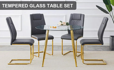 Round Glass Top Metal Dining Table With Chairs Set - Omega Lifestyles