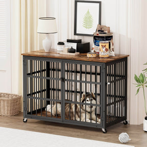 Rustic Brown Furniture Style Dog Crate With Wheels - Omega Lifestyles