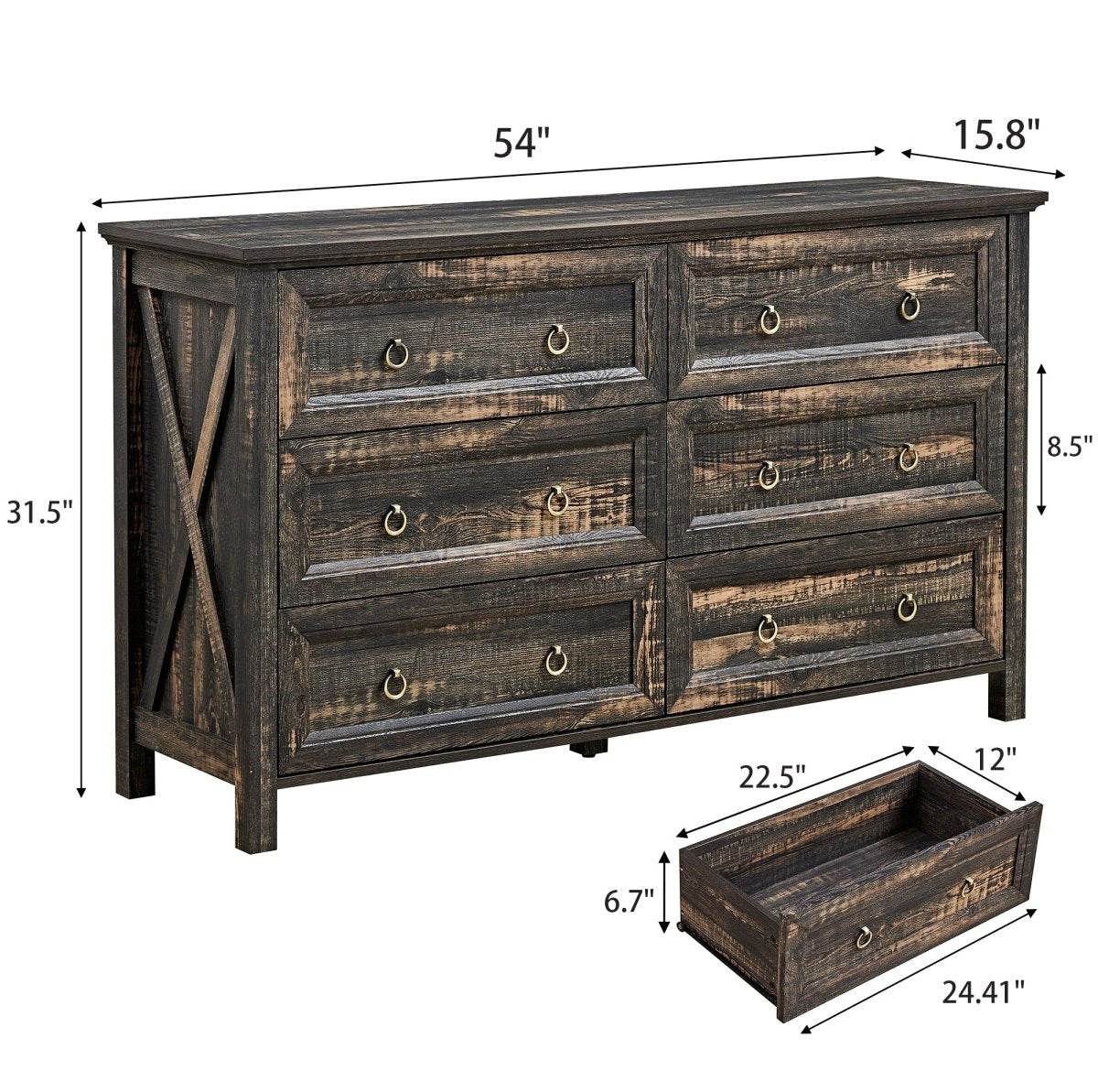 Rustic Farmhouse Dark Oak 6-Drawer Dresser - Omega Lifestyles