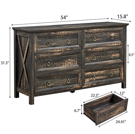 Rustic Farmhouse Dark Oak 6-Drawer Dresser - Omega Lifestyles
