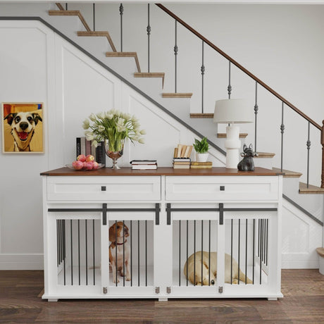 Rustic Large Double Dog Crate Furniture With Drawers - Omega Lifestyles