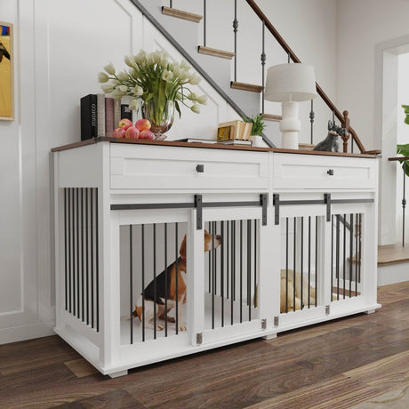 Rustic Large Double Dog Crate Furniture With Drawers - Omega Lifestyles
