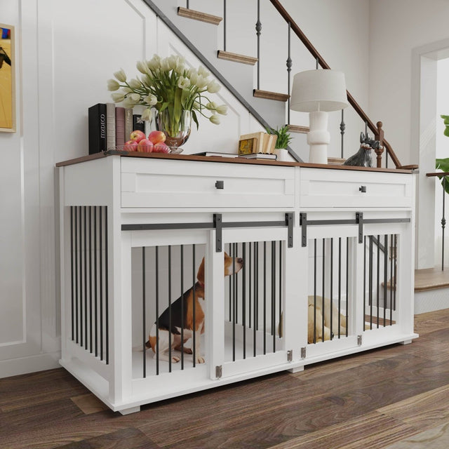Rustic Large Double Dog Crate Furniture With Drawers - Omega Lifestyles
