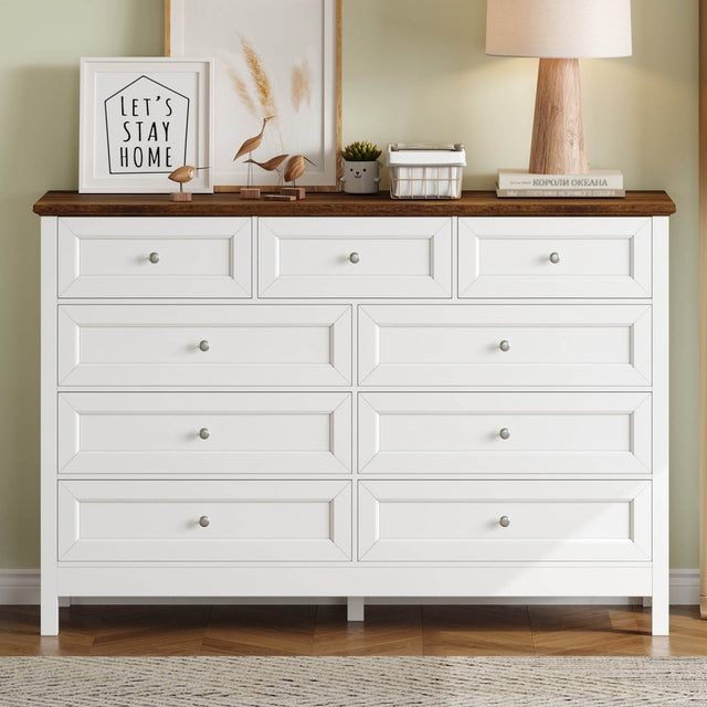 Rustic White Pine Wood 9 - Drawer Bedroom Dresser - Serenova - Omega Lifestyles