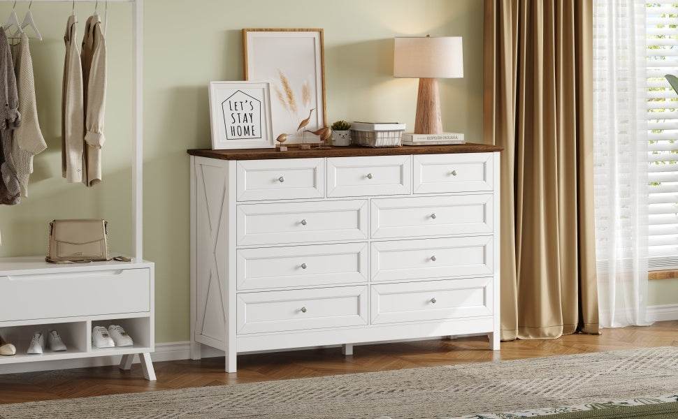 Rustic White Pine Wood 9 - Drawer Bedroom Dresser - Serenova - Omega Lifestyles