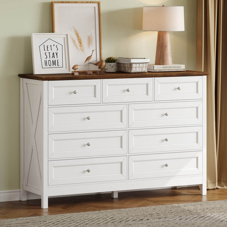 Rustic White Pine Wood 9 - Drawer Bedroom Dresser - Serenova - Omega Lifestyles