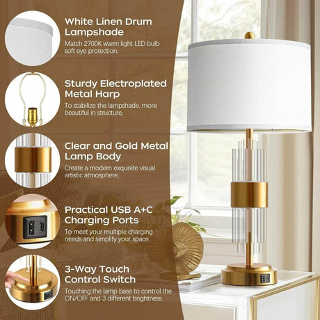 Set Of 2 Brushed Gold Metal Touch Control Lamps - Omega Lifestyles
