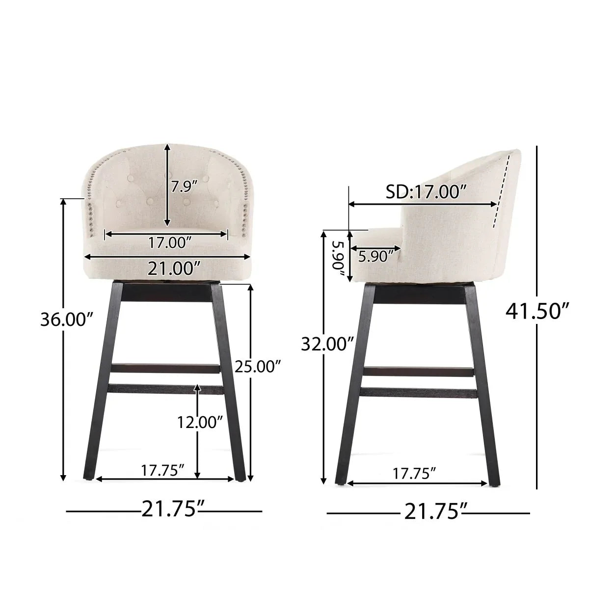 Set Of 2 Contemporary 360-Degree Swivel Nailhead Bar Stools - Omega Lifestyles