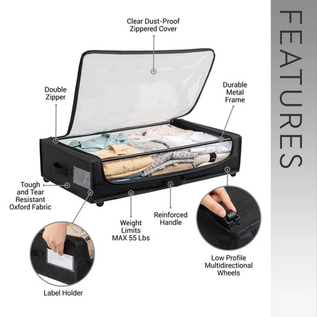 Set of 2 Under-Bed Rolling Storage Containers With Transparent Cover - Omega Lifestyles