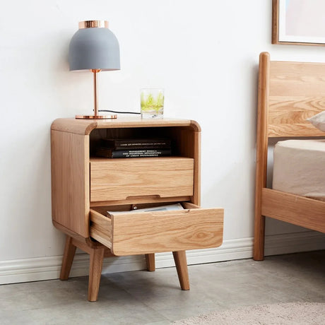 Solid Oak Wood 2-Drawer Modern Bedroom Nightstand - Omega Lifestyles