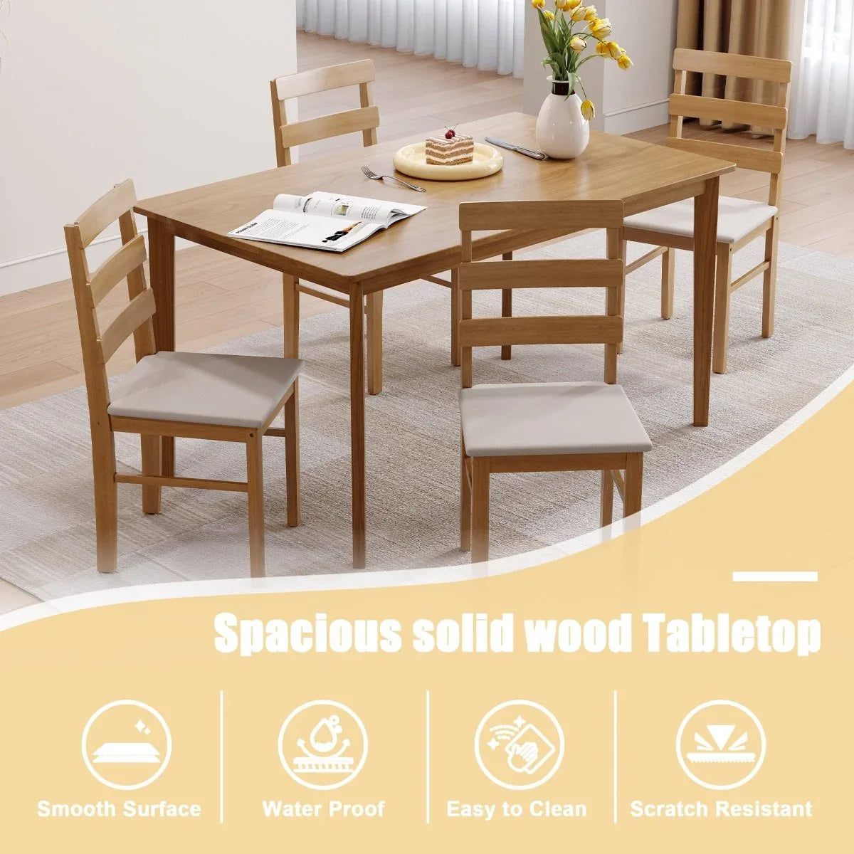 Solid Wood Dining Table And Chair Set 5-Piece Beige Furniture Set - Omega Lifestyles