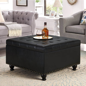 Square Storage Ottoman With Tufted Faux Leather Seat - Omega Lifestyles