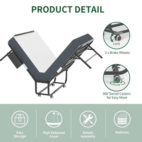 Twin Folding Bed Frame With Adjustable Headboard And 5-Inch Memory Foam Mattress - Omega Lifestyles