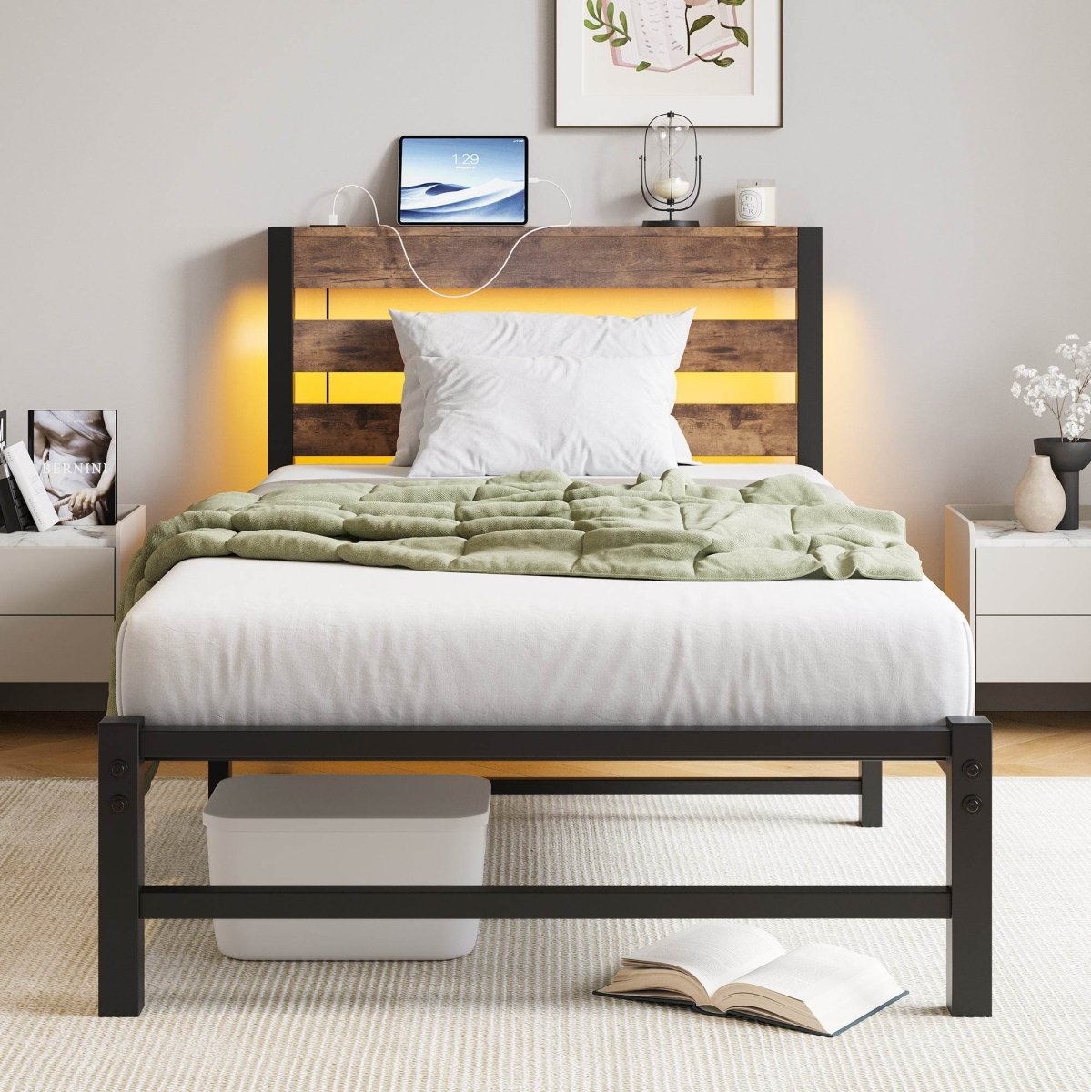 Twin Heavy Duty LED Platform Bed Frame With USB Charging - Serenova - Omega Lifestyles