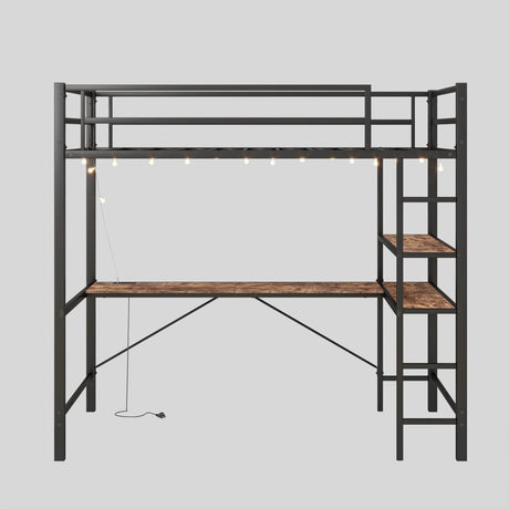 Twin Metal Loft Bed Frame With L-Shaped Desk And Charging - Omega Lifestyles