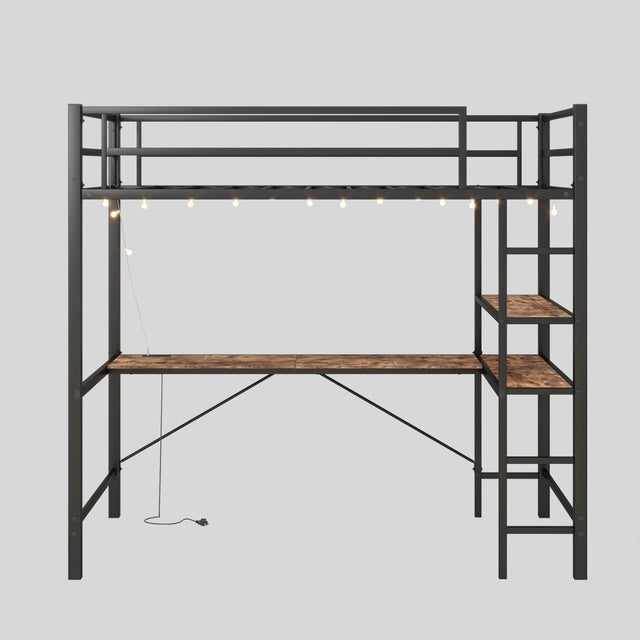 Twin Metal Loft Bed Frame With L-Shaped Desk And Charging - Omega Lifestyles