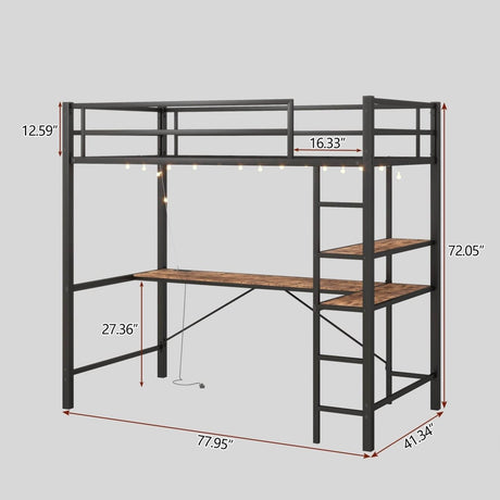 Twin Metal Loft Bed Frame With L-Shaped Desk And Charging - Omega Lifestyles