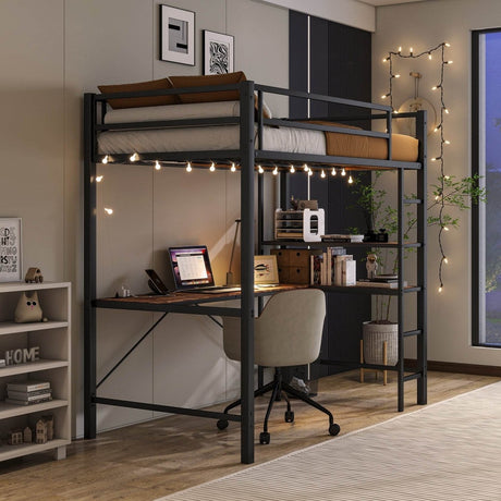Twin Metal Loft Bed Frame With L-Shaped Desk And Charging - Omega Lifestyles