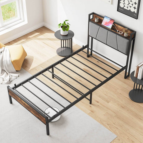Twin Metal Wood Bed Frame With Storage Headboard - Serenova - Omega Lifestyles