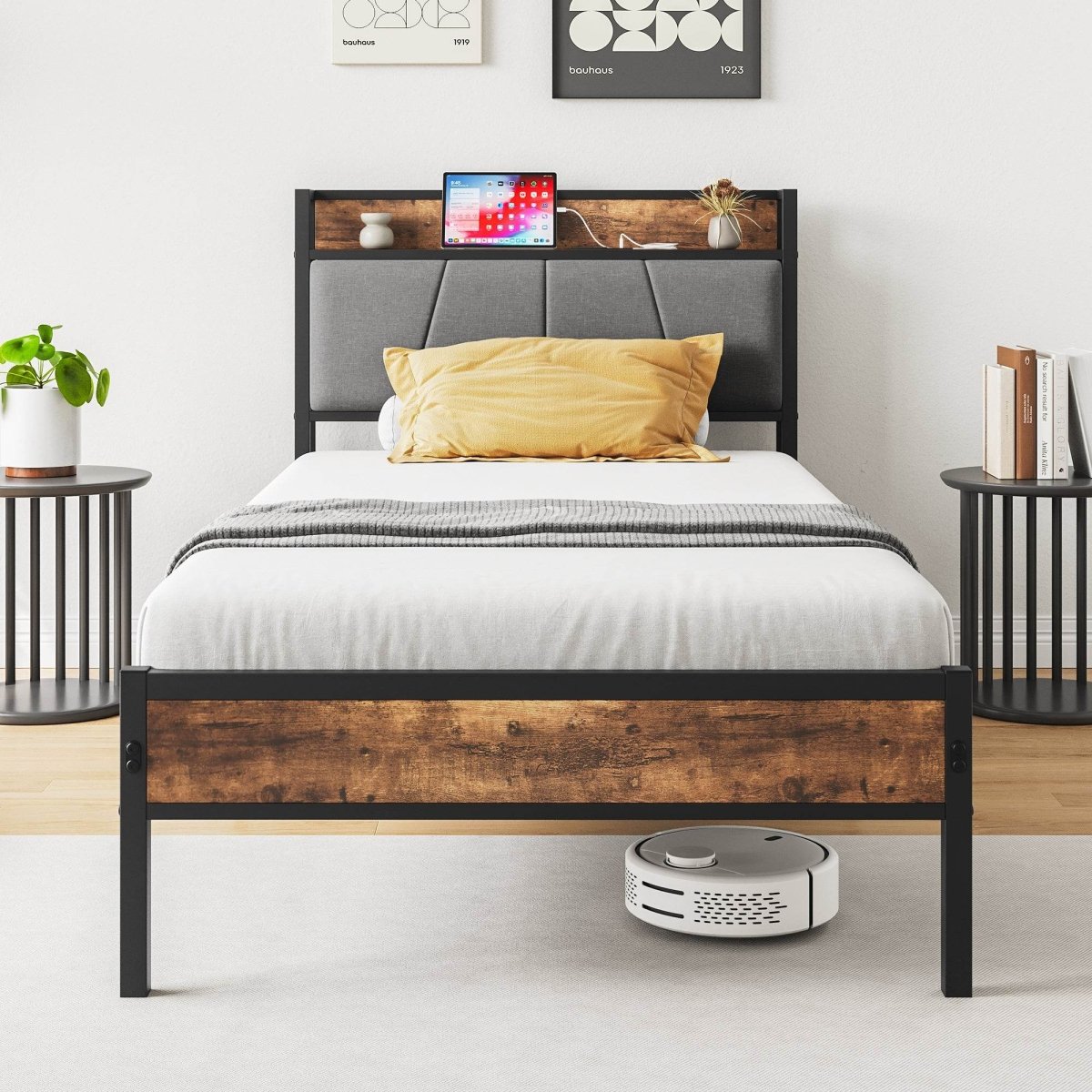 Twin Metal Wood Bed Frame With Storage Headboard - Serenova - Omega Lifestyles