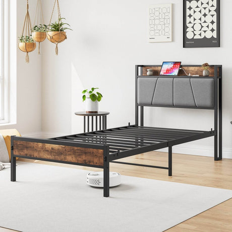 Twin Metal Wood Bed Frame With Storage Headboard - Serenova - Omega Lifestyles