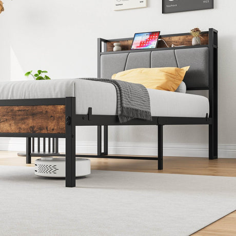 Twin Metal Wood Bed Frame With Storage Headboard - Serenova - Omega Lifestyles