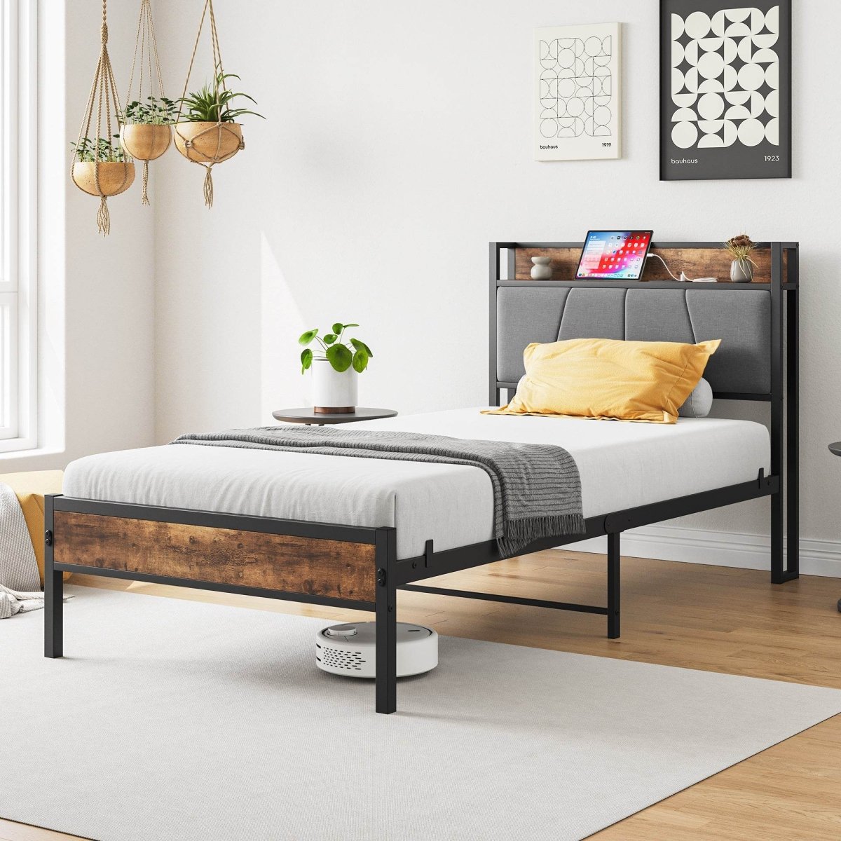 Twin Metal Wood Bed Frame With Storage Headboard - Serenova - Omega Lifestyles