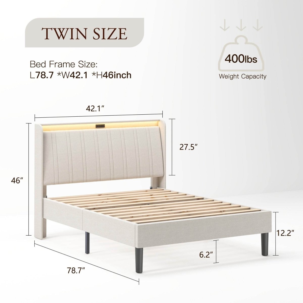 Twin Metal Wood Platform Bed Frame With Upholstered Headboard - Serenova - Omega Lifestyles