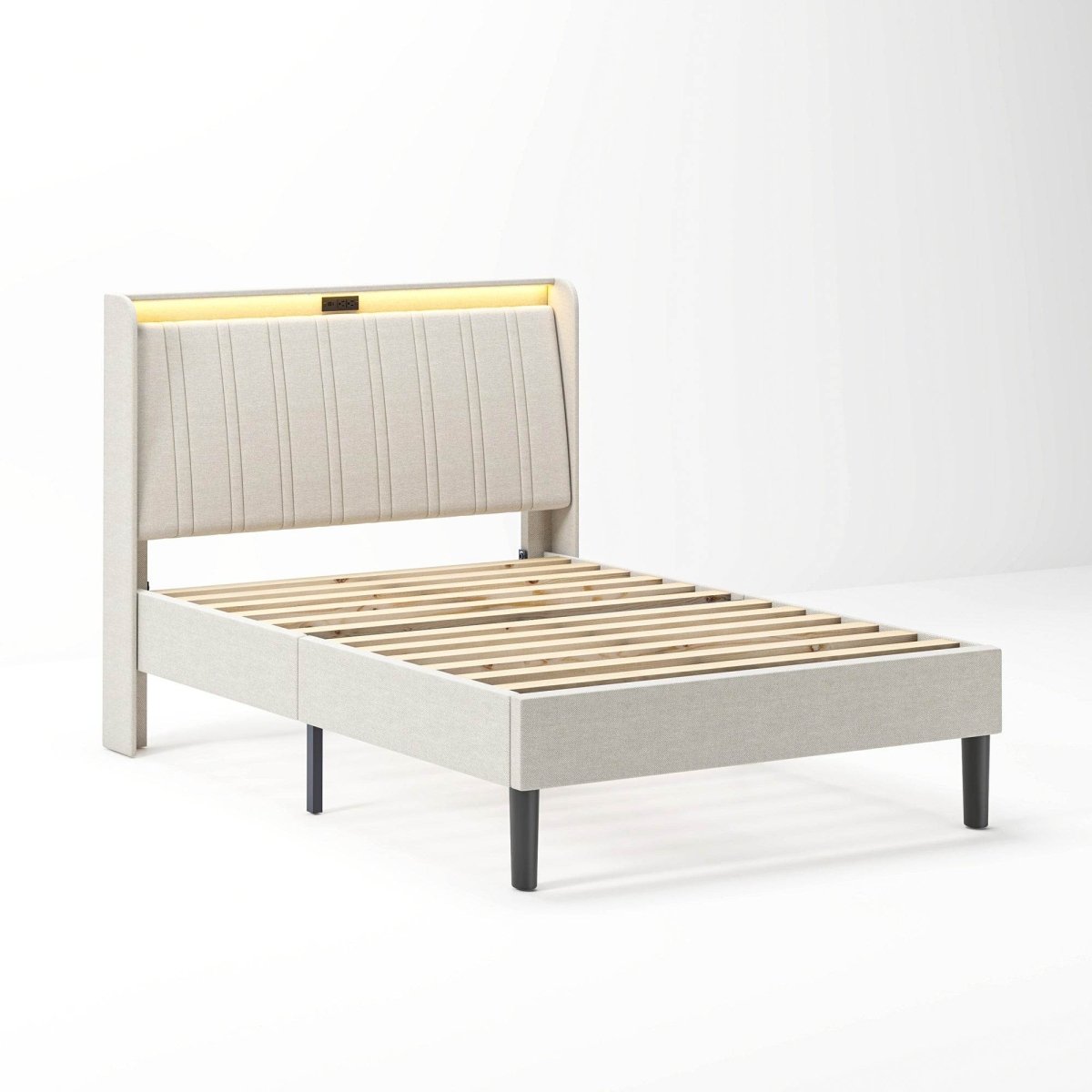 Twin Metal Wood Platform Bed Frame With Upholstered Headboard - Serenova - Omega Lifestyles
