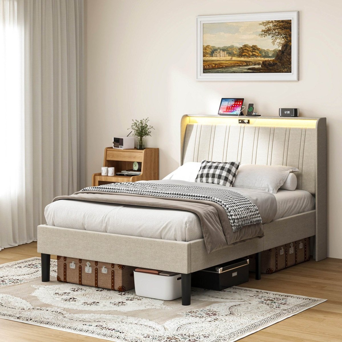 Twin Metal Wood Platform Bed Frame With Upholstered Headboard - Serenova - Omega Lifestyles