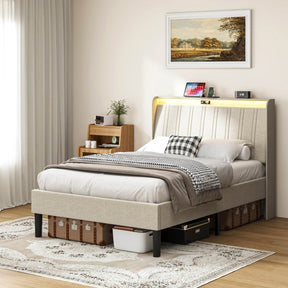 Twin Metal Wood Platform Bed Frame With Upholstered Headboard - Omega Lifestyles