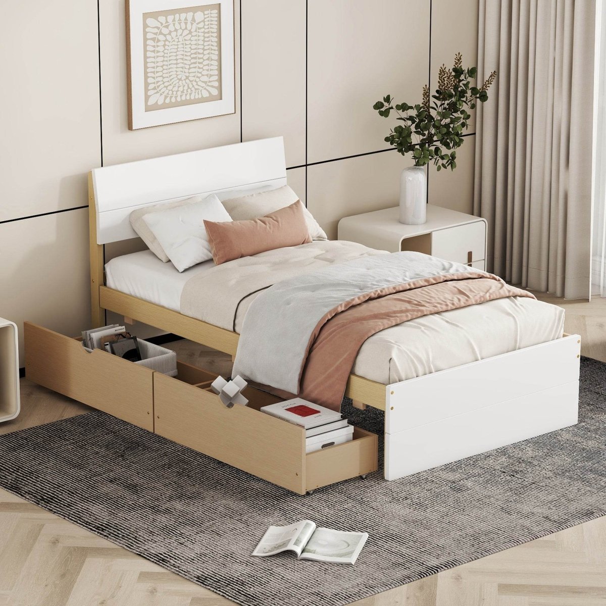 Twin Modern White High Gloss Bed Frame With Drawers - Serenova - Omega Lifestyles