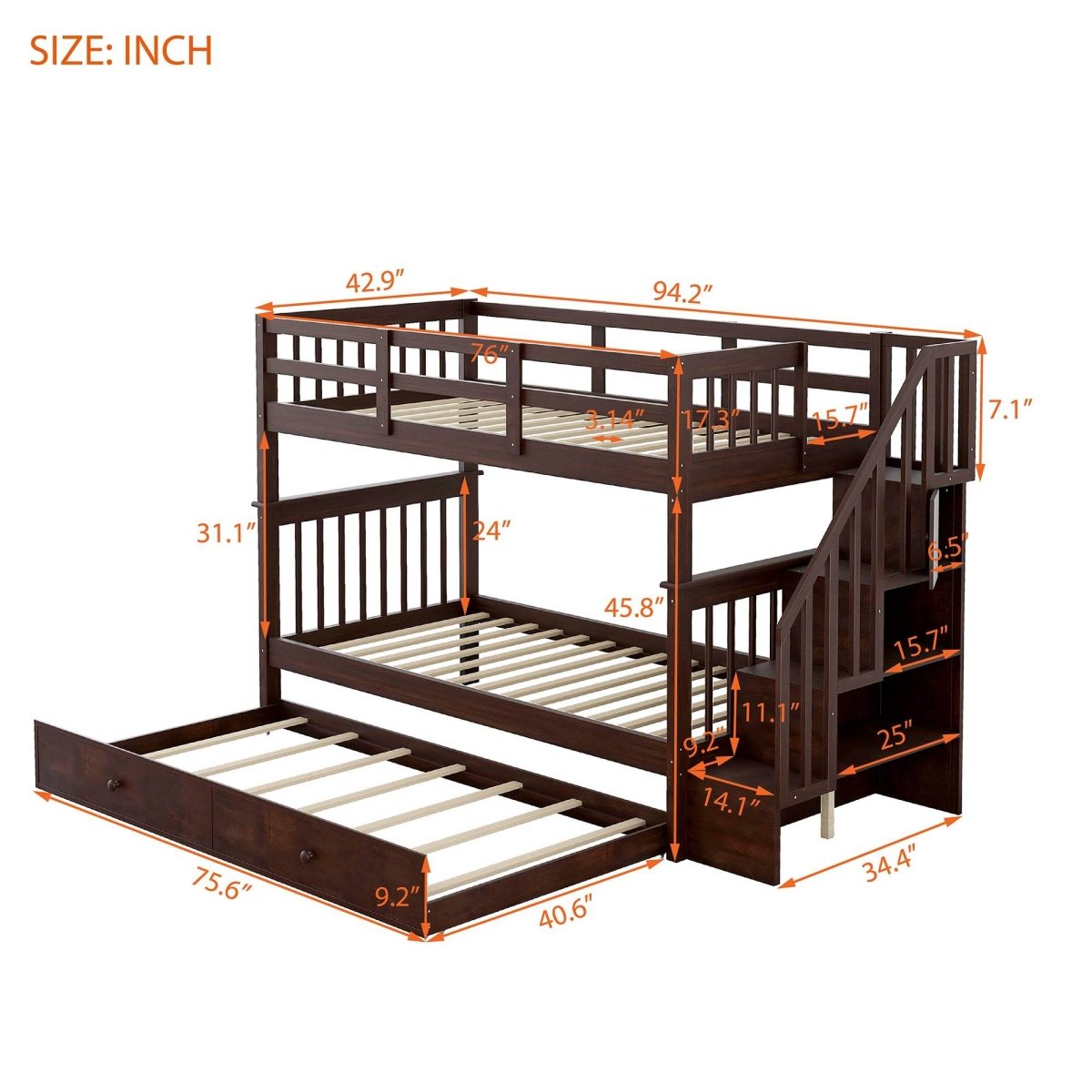 Twin - Over - Twin Solid Wood Stairway Bunk Bed With Trundle - Serenova - Omega Lifestyles