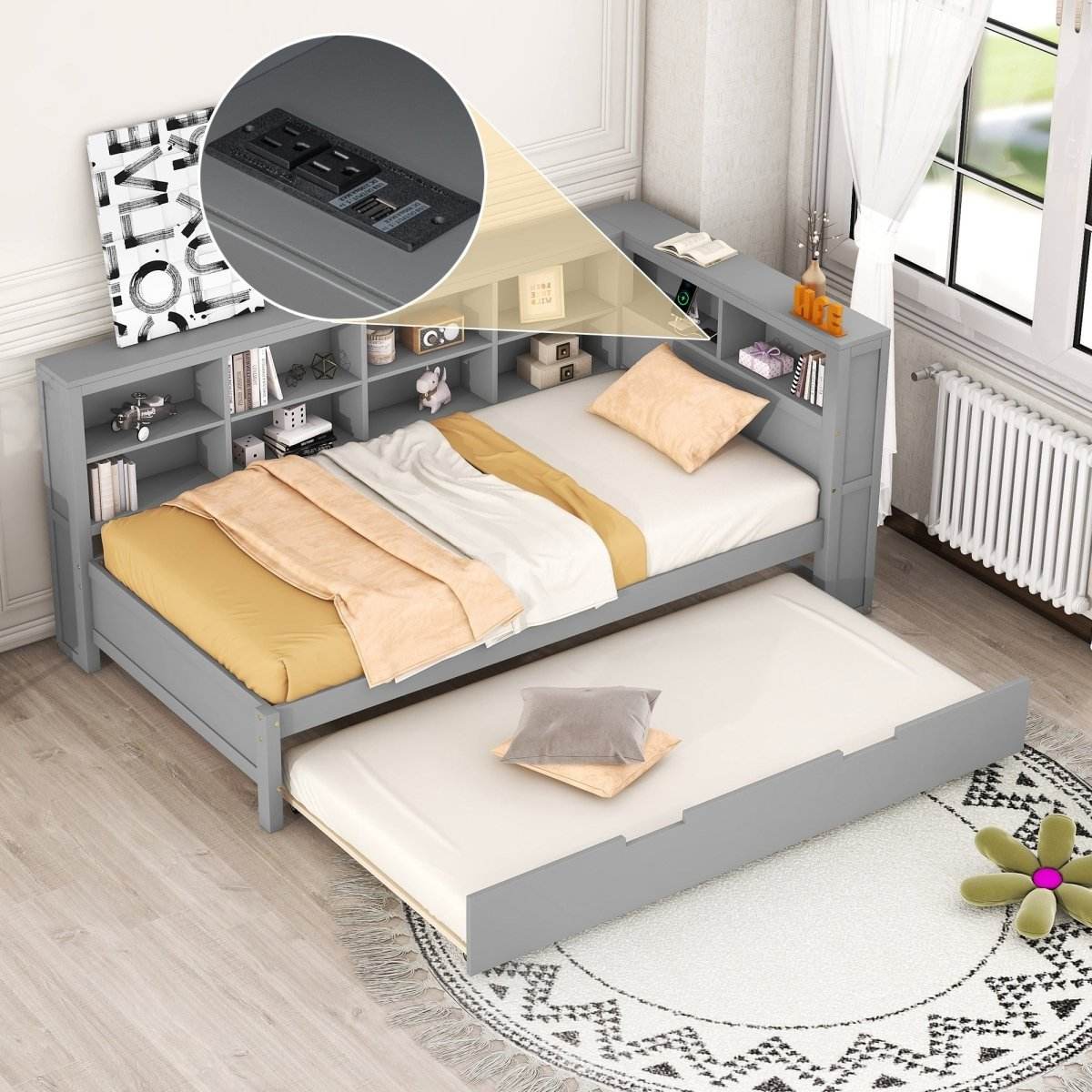 Twin Size Wooden Daybed With Trundle Storage And USB Charging - Sleep Galleria