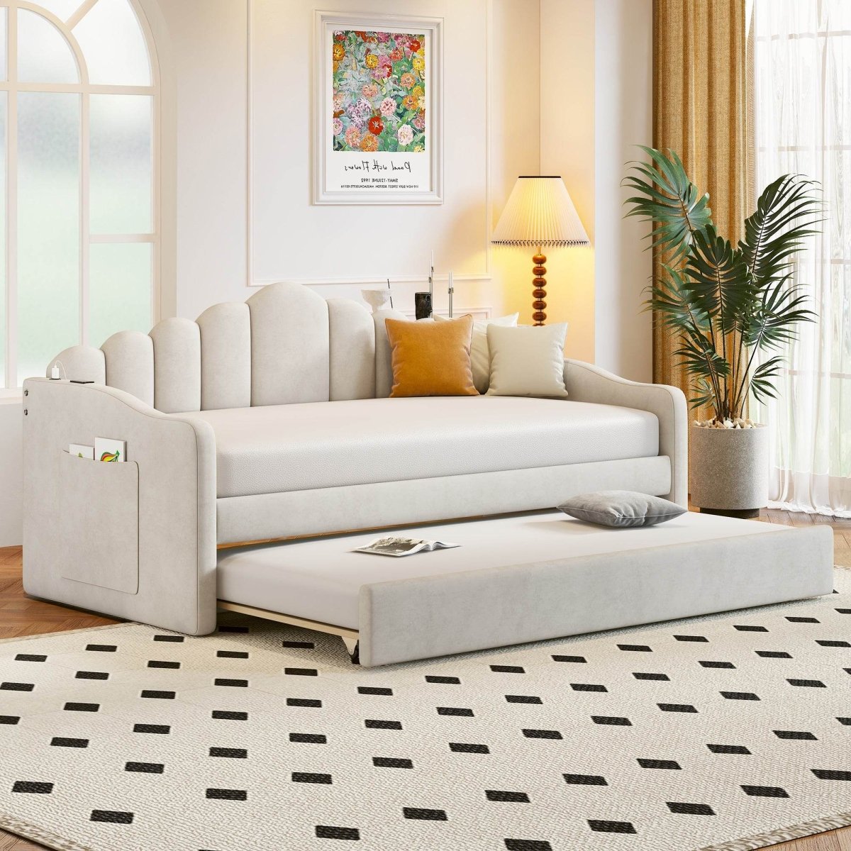 Twin Velvet Upholstered Daybed With Trundle And USB Ports - Sleep Galleria