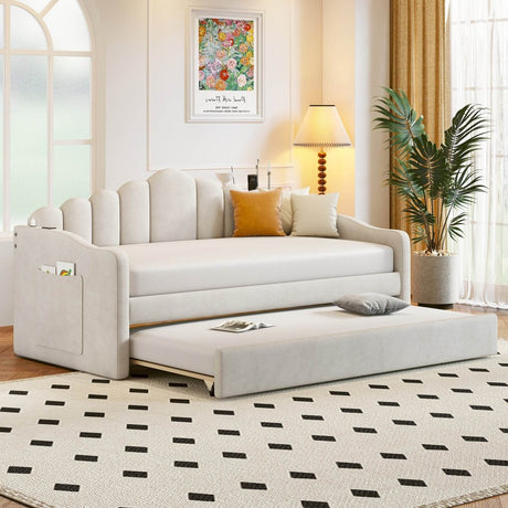 Twin Velvet Upholstered Daybed With Trundle And USB Ports - Sleep Galleria